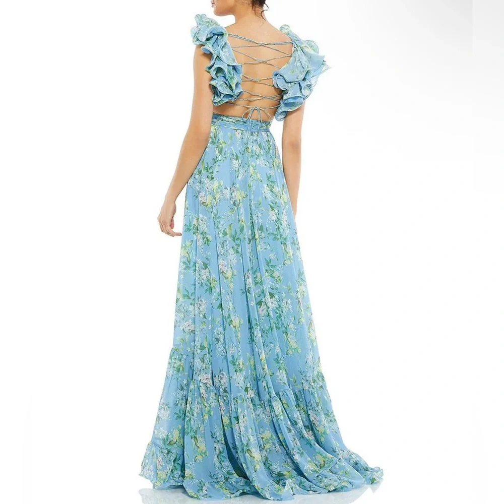Mac Duggal 🩵 Blue Floral Ruffle Tiered Cut-Out Chiffon Gown – Size 8 NWT - Picture 4 of 16